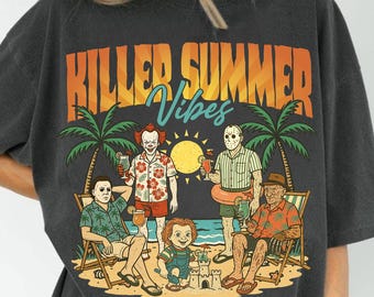 Vibras de verano de terror (Png), Vacaciones en la playa (Png), Iconos de películas de terror de verano (Png), Diseño de camiseta con personajes de terror tropical
