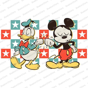 May include: A cartoon illustration featuring Donald Duck and Mickey Mouse bumping fists. Donald Duck is wearing a blue jacket and bow tie, while Mickey Mouse is in red shorts. The background is a checkered pattern of red, white, and teal.