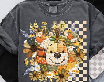Patchwork Pooh Pumpkin png, herfst Winnie de Poeh png, schattige herfst bloemen png, rustieke boerderij geruite png, Thanksgiving herfst png
