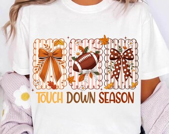 Touch Down Season Png, Fall Football Sublimation, Cute Bow Football Png, Autumn Game Day Shirt Design, Pumpkin Season, Retro Fall Png