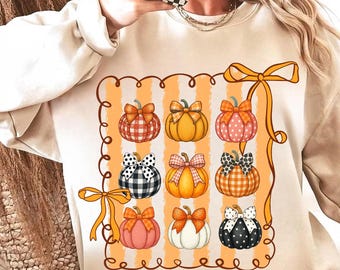 Pumpkin Bow Png, Fall Gingham Polka Dot Pumpkins With Bows Png, Cute Autumn Sublimation Design, Orange White Black Fall Shirt Png