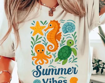 Summer Vibes PNG, Cute Sea Animals Sublimation, Seahorse Turtle Octopus Clipart, Beach Ocean Kids Shirt Design, Summer Holiday PNG