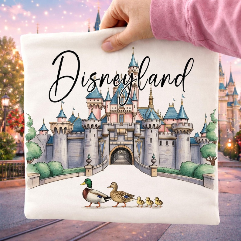 May include: A white tote bag featuring the word "Disneyland" in elegant script above a detailed illustration of a castle. The image includes a family of ducks walking in front of the castle. The background shows a blurred outdoor scene.
