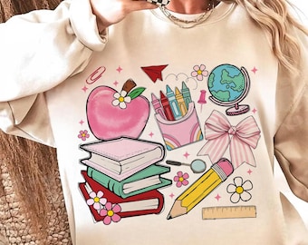 Back To School Doodle PNG, Teacher Coquette PNG, Cute School Supplies Apple Books Globe Pencil Bow PNG, Teacher Sublimation Design