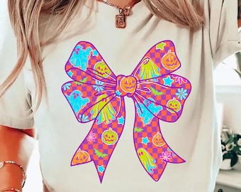 Neon Halloween Bow Png, Cute Ghost Pumpkin Png, Retro Spooky Bow Sublimation Design, Coquette Pastel Halloween Shirt Printable File