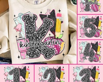 Paquete de PNG con purpurina para grado escolar, diseño de regreso a clases para niños de K a 4.º grado, lápiz de crayón brillante, manzana, PNG para camiseta, colegiala rosa, PNG