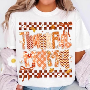 Thankful Mama Png, Fall Thanksgiving Sublimation, Autumn Plaid Floral Leopard Lettering Design, Cute Harvest Shirt Png for Mom
