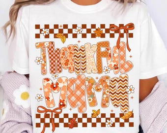 Thankful Mama Png, Fall Thanksgiving Sublimation, Autumn Plaid Floral Leopard Lettering Design, Cute Harvest Shirt Png for Mom