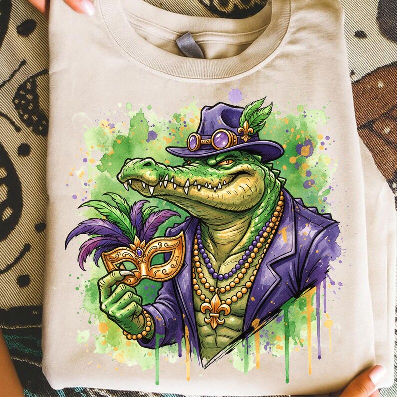 May include: A beige t-shirt featuring a green alligator wearing a purple hat, jacket, and a beaded necklace. The alligator is holding a gold and purple mask. Watercolor paint splatters in green, purple, and yellow are in the background.