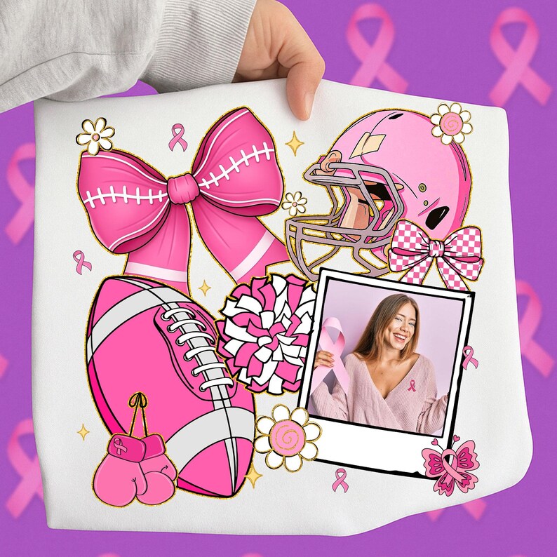 May include: White fabric featuring pink football, helmet, boxing gloves, and bow designs. A photo of a woman holding a pink ribbon is also included. The design incorporates pink ribbons and flowers, symbolizing breast cancer awareness.
