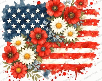 Floral USA Flag Png,Patriotic Wildflower USA Sublimation Design, Boho 4th Of July Shirt Graphic, Retro America 4th of July Png, Digital File