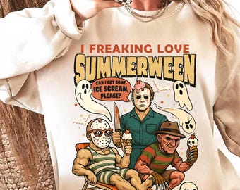 I Freaking Love Summerween Png, Halloween Villains Beach Vacation Ice Cream Clipart, Spooky Summer Sublimation Shirt Design