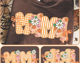Retro preppy Fall Mama-bundel png, Fall Mama Mimi Gigi png, pompoen geruite bloemenletters png, herfst familie png sublimatieontwerp