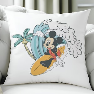 Surfing Mouse Pillow, Cute Summer Cartoon Wave Design Throw Pillow For Kids Room & Nursery Decor, Family Vacation Pillow