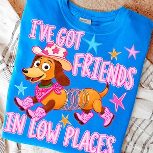 May include: A bright blue t-shirt featuring a cartoon dachshund with a spring body, wearing a pink cowboy hat, a pink bandana, and pink cowboy boots. The text reads I'VE GOT FRIENDS IN LOW PLACES, surrounded by colorful stars in pink, blue, and yellow.