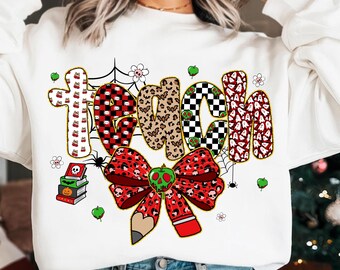 Gruseliger Lehrer-Halloween-Png, niedliches Lehren-Sublimationsdesign, Schädel-Bogen-Bleistift-Png, Leopard-karierte Buchstaben, adretter Geist-Halloween-Png