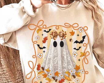 Vintage Geist Png, Herbst Spitze Geist Mit Schleife Png, Herbstlaub Blumen Halloween Png, Beige Orange Halloween Sublimation PNG