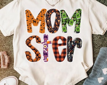 Halloween Mom PNG, Momster Sublimation Design, Spooky Cute Halloween Letters, Fall Mom Life Shirt Graphic, Halloween Retro PNG For Shirt