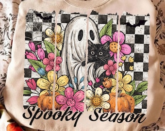 Spooky Season Ghost Cat Png, Halloween Floral Sublimation Design, Cute Black Cat Ghost Png, Fall Grunge Checkered Png, Digital Download