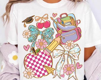 Preppy Back To School Png, Boho Floral Teacher Png, Primo giorno di scuola Png, Fiocco Coquette Teacher Png, Zaino con fiocco Apple Pencil Png
