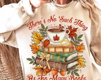 Amante de livros de outono em PNG, Sublimação de xícara de café de outono, Pilha de livros aconchegantes em PNG, Design de camiseta de leitura de outono, Citação de muitos livros em PNG