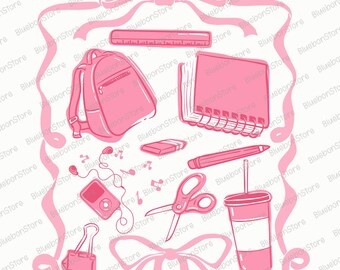 Retro Back to School Supplies Svg, Coquette Bow School Clipart Svg, Teacher Svg, Clipart Svg Bundle, Books Pencil Svg, Pink Bow School Svg