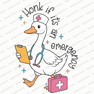 Puede incluir: Un ganso de dibujos animados con un gorro de enfermera y un estetoscopio, sosteniendo un portapapeles y un botiqu&iacute;n de primeros auxilios rosa. El texto "Honk if it's an emergency" est&aacute; escrito alrededor del ganso.