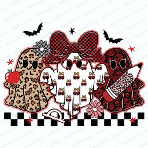 May include: A whimsical illustration features three ghost figures with unique patterns and accessories. One ghost has a leopard print, another wears glasses and a bow, and the third holds a pencil. The design includes bats, stars, and flowers.