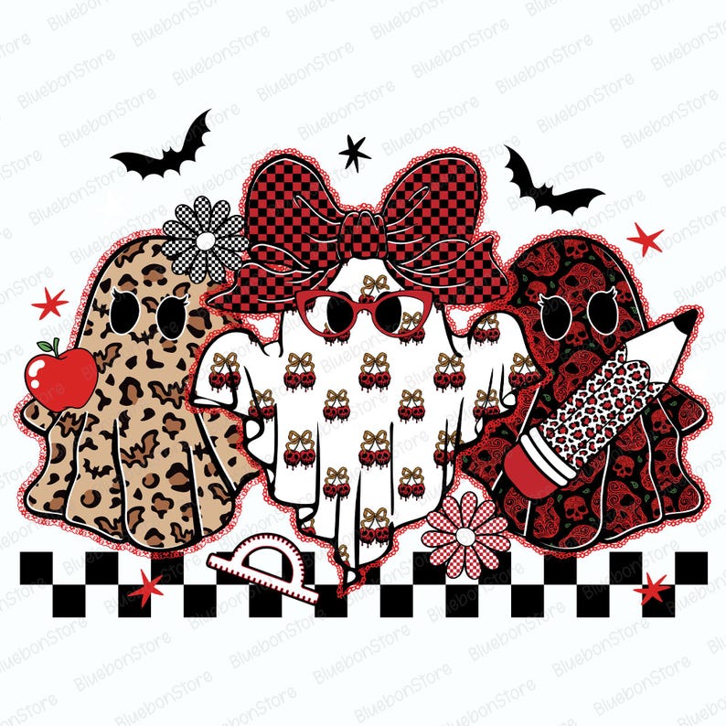 May include: A whimsical illustration features three ghost figures with unique patterns and accessories. One ghost has a leopard print, another wears glasses and a bow, and the third holds a pencil. The design includes bats, stars, and flowers.