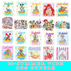 May include: A set of vibrant PNG images with summer-themed illustrations. The designs showcase cartoon characters, beach settings, and text such as "Summer Vibes" and "Just Keep Swimming". The bundle contains over 20 designs, ideal for digital projects.