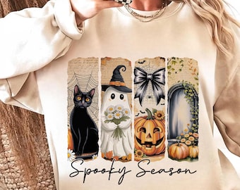 Temporada espeluznante (PNG), gato negro fantasma, calabaza, ventana, clipart de Halloween, diseño de sublimación vintage de otoño, camiseta estética gótica (PNG)