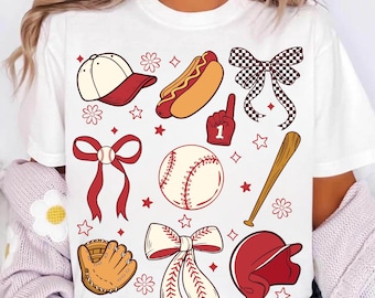 Baseball Spieltag Png, niedlicher Baseball Png Sublimation, Retro Sportbogen Hot Dog Handschuh Fledermaus Png, Softball Spieltag Shirt Design