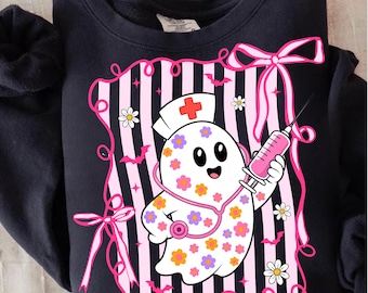 Cute Nurse Ghost Png, Pink Nurse Png, Halloween Nurse Sublimation, Spooky Ghost Png, Floral Halloween Ghost Png, Coquette Nurse Halloween