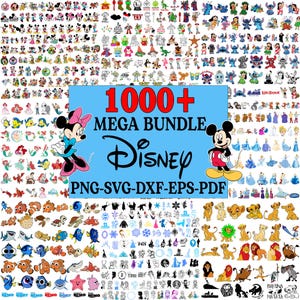 Pode incluir: Uma coleção de gráficos digitais com o tema Disney, incluindo personagens de vários filmes e séries. A imagem apresenta um fundo azul com o texto "1000+ MEGA BUNDLE Disney PNG-SVG-DXF-EPS-PDF" e ilustrações de Mickey e Minnie.