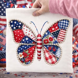 May include: A white square textile featuring a patriotic butterfly design. The butterfly's wings are patchwork, incorporating red, white, and blue fabrics with star and floral patterns. The edges are adorned with faux pearls, and the body is striped.