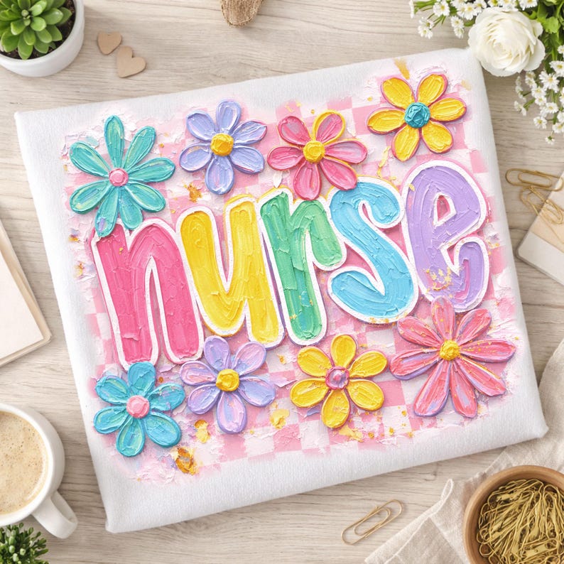 May include: White t-shirt with the word "NURSE" in colorful, textured lettering, surrounded by pastel-colored flowers. The background features a pink and white checkered pattern, creating a cheerful and artistic design.