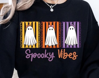 Cute Ghost Halloween PNG, Spooky Vibes Sublimation, Ghost Trio Clipart, Fall Stripes Background PNG, Boo Squad Fall Shirt Design Digital