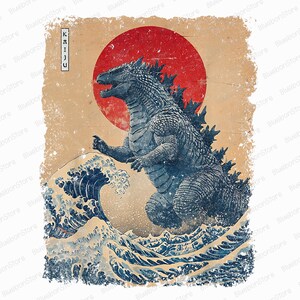 May include: A vintage-style illustration of Godzilla in blue, rising from ocean waves, set against a red sun. The word "KAIJU" is in a vertical box. The artwork has a distressed, aged appearance.