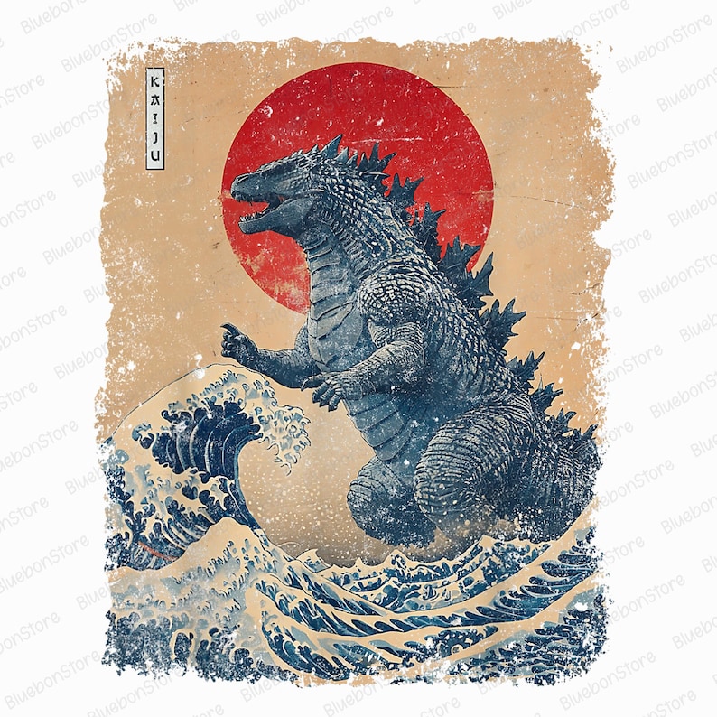 May include: A vintage-style illustration of Godzilla in blue, rising from ocean waves, set against a red sun. The word "KAIJU" is in a vertical box. The artwork has a distressed, aged appearance.