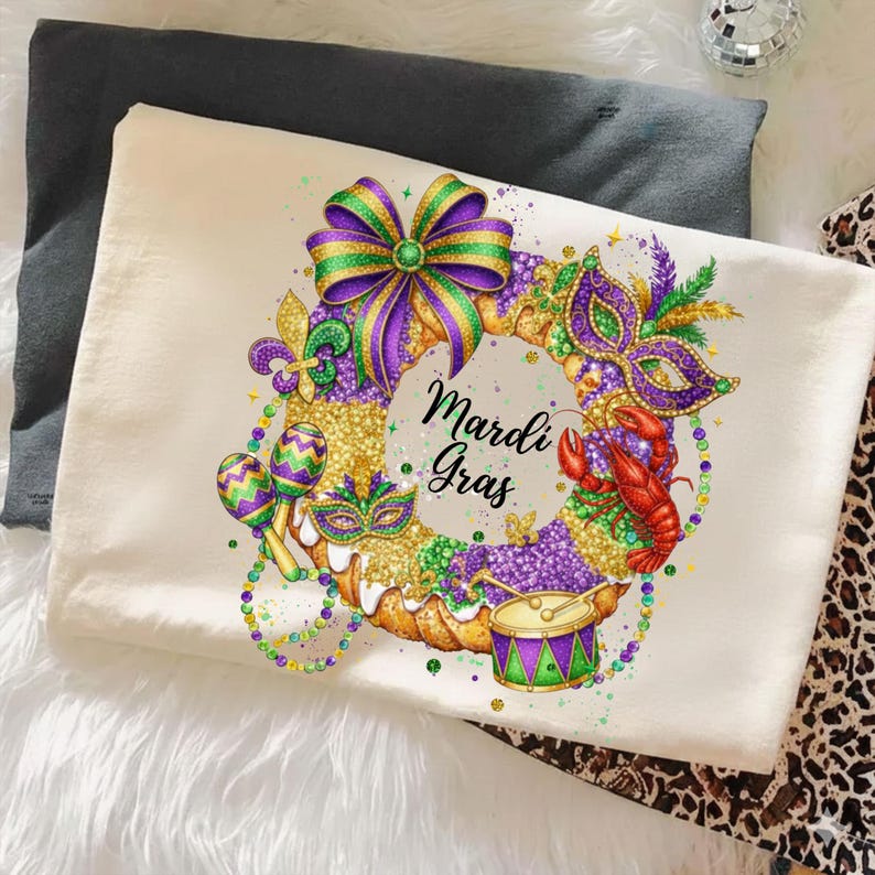 May include: A cream-colored pillowcase featuring a colorful Mardi Gras wreath design. The wreath includes a purple and green bow, a mask, maracas, a crawfish, and the words "Mardi Gras".
