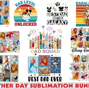 Pu&ograve; includere: Una collezione di design per la sublimazione per la festa del pap&agrave; con personaggi Disney e temi di Star Wars. I design includono Mickey Mouse, The Mandalorian e vari collage di personaggi Disney. Il testo include "Dad Level Unlocked", "Best Dad in the Galaxy" e "Best Dad Ever".