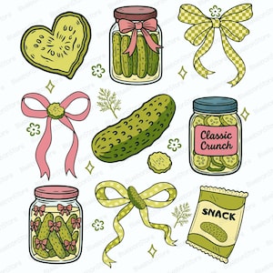 May include: A collection of cartoon-style pickle illustrations. Includes jars of pickles with pink bows, a heart-shaped pickle, a whole pickle, pickle slices, and a snack bag labeled "SNACK". The jars have the text "Classic Crunch".
