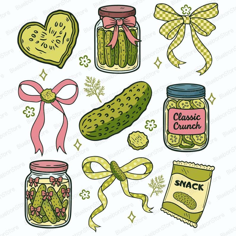 May include: A collection of cartoon-style pickle illustrations. Includes jars of pickles with pink bows, a heart-shaped pickle, a whole pickle, pickle slices, and a snack bag labeled "SNACK". The jars have the text "Classic Crunch".
