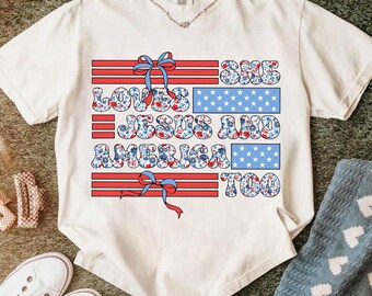 She Loves Jesus And America Too PNG, Patriotic Christian Sublimation, Red White Blue Bow PNG, USA Flag Shirt Design, 4th Of July Png
