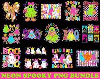 Neon Halloween Geist Png Bundle, gruselige niedliche Sublimation Png, BOO Bücher Pastell helle Retro Geister, Kawaii Halloween digitale Kunst