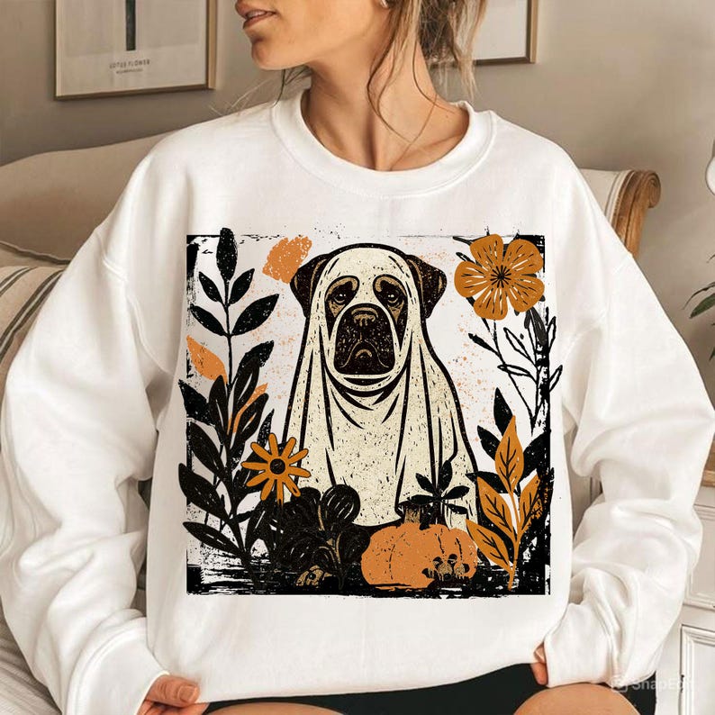 Pu&ograve; includere: Felpa bianca con grafica di un cane vestito da fantasma, circondato da foglie autunnali e una zucca. Il design include elementi neri, arancioni e beige, creando un tema stagionale. La felpa &egrave; un capo casual.