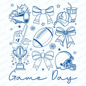 May include: A blue and white graphic featuring football-themed elements. Includes a football, helmet, bows, a trophy, a foam finger, a megaphone, a baseball cap, and the words "Game Day".