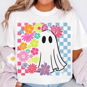 Cute Ghost With Flowers Png, Halloween Sublimation Design, Pastel Spooky Ghost Png, Kawaii Fall Shirt Png, Retro Checkerboard Art