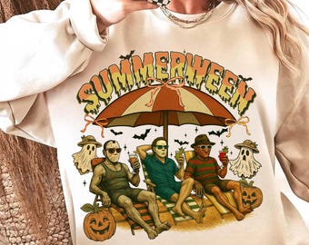 Summerween Png, Halloween Horror Characters Ice Cream Png, Funny Melting Mask Sublimation, Spooky Beach Design