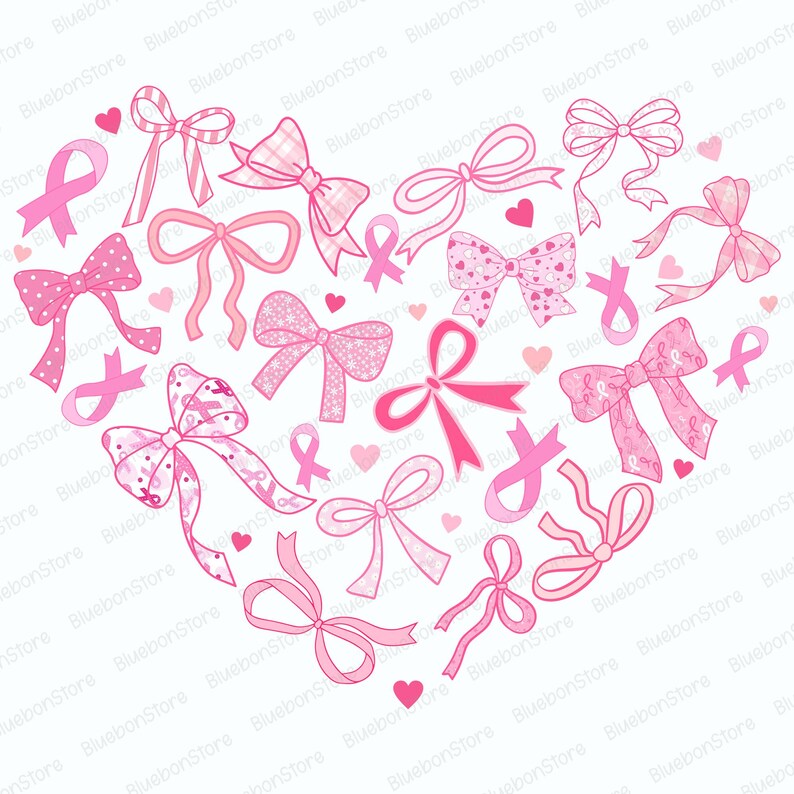 May include: A heart-shaped arrangement of pink bows and ribbons, with varying patterns including polka dots and hearts. The design also features small pink hearts and awareness ribbons, all set against a white background.
